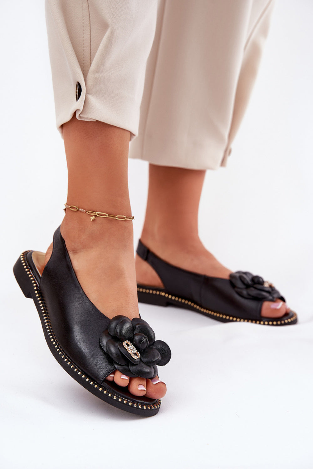 Step In Style CheBello Black Leather Flat Sandals