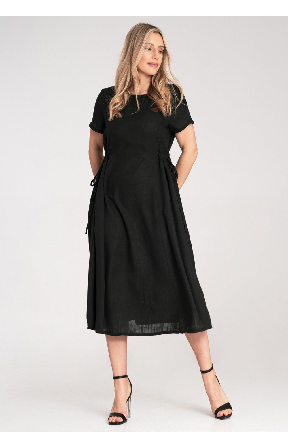 Figl Black Midi Flared Short Sleeve Dress