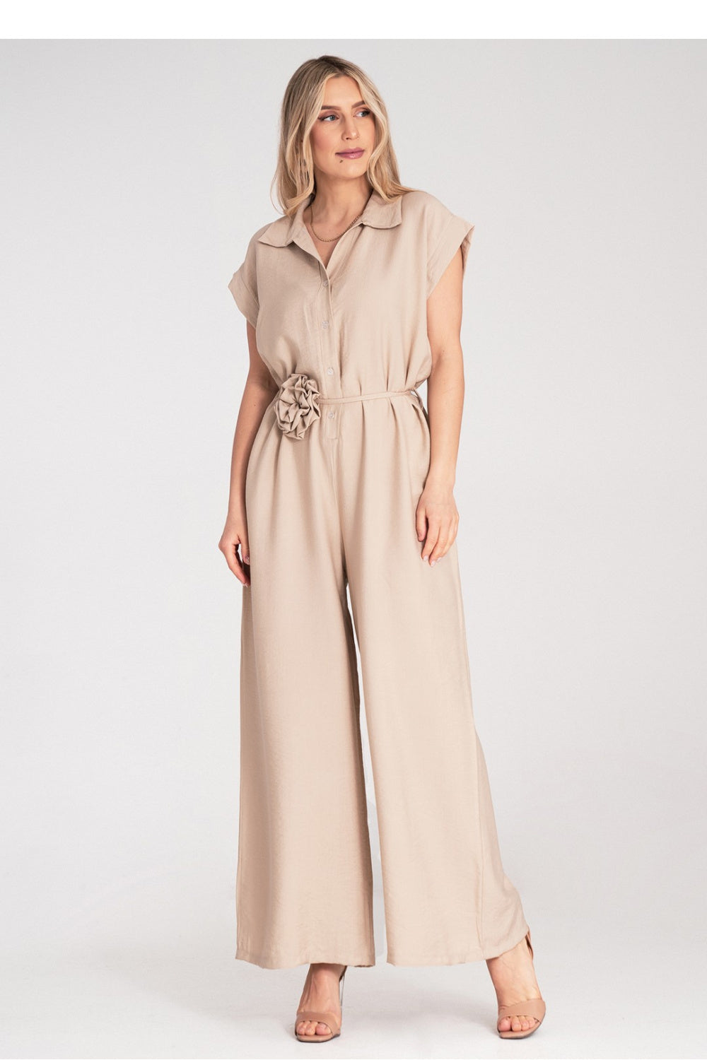 Figl Beige Floral Short Sleeve Jumpsuit