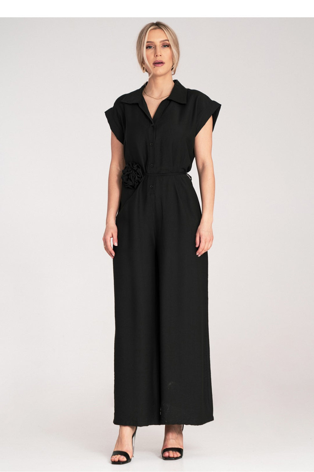Figl Black Floral Short Sleeve Jumpsuit