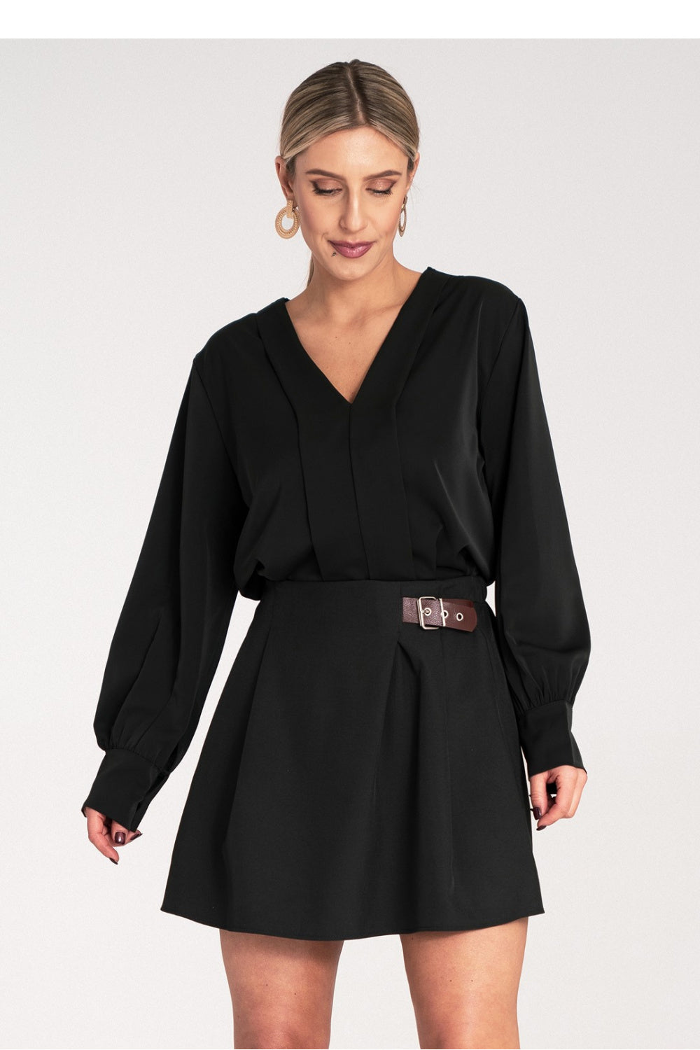 Figl Black Satin V-Neck Blouse