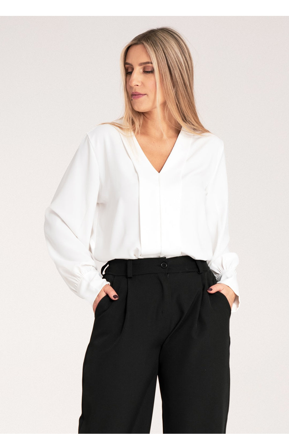 Figl White Satin V-Neck Blouse