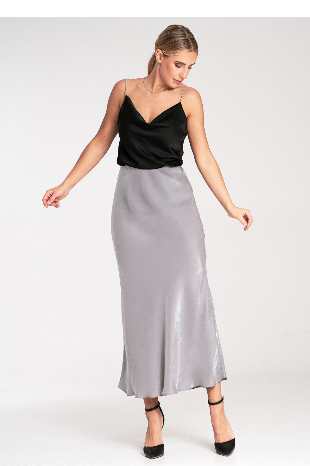 Figl Grey Satin Midi Skirt