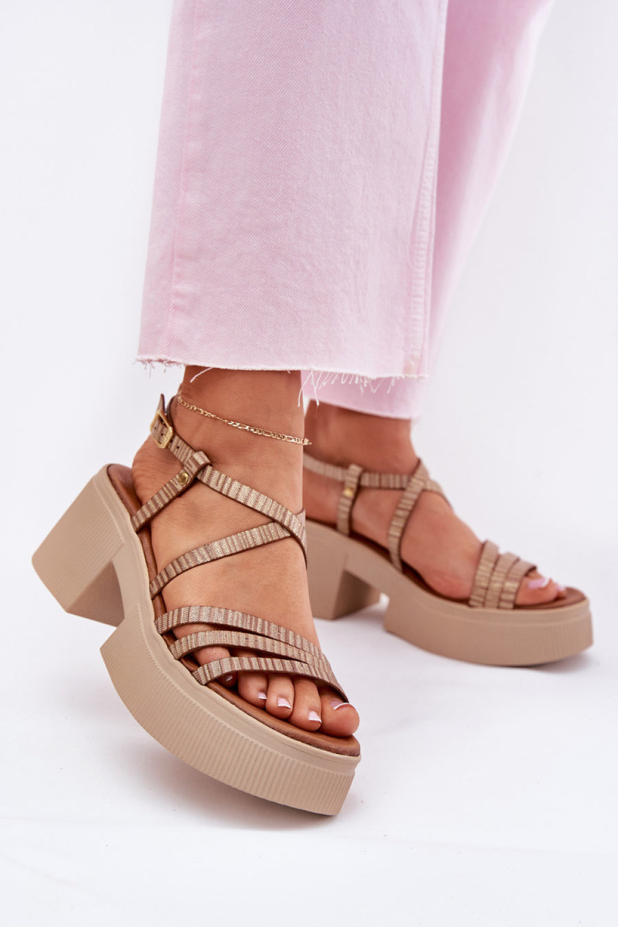 Step In Style Maciejka Gold Leather Platform Heeled Sandals