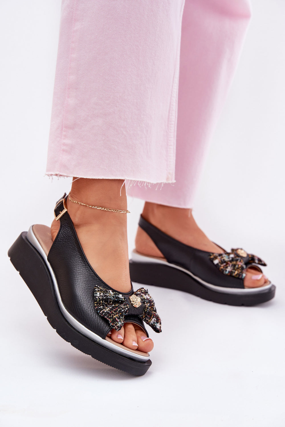 Step In Style Zazoo Black Leather Wedge Sandals