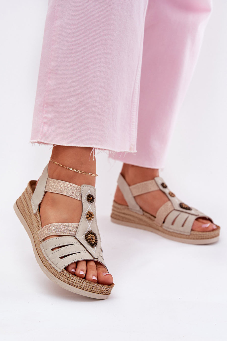 Step In Style Inblu Light Beige Leather Wedge Sandals