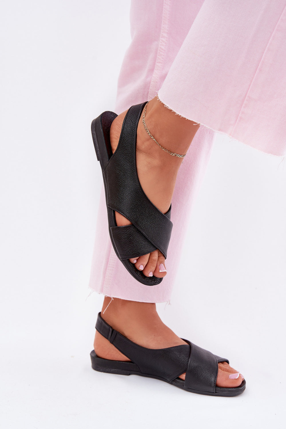 Step In Style Zazoo Black Leather Flat Sandals