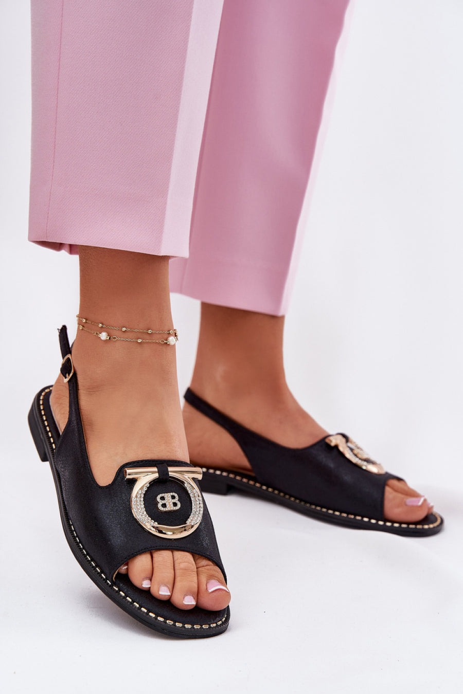 Step In Style Black Faux Leather Flat Sandals with Adjustable Straps