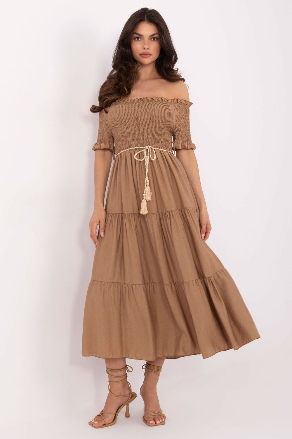 Italy Moda Camel Midi Flared Dress