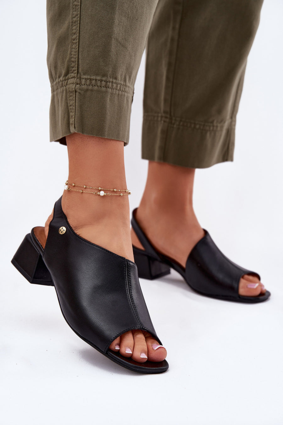 Step In Style Maciejka Black Leather Block Heel Heeled Sandals