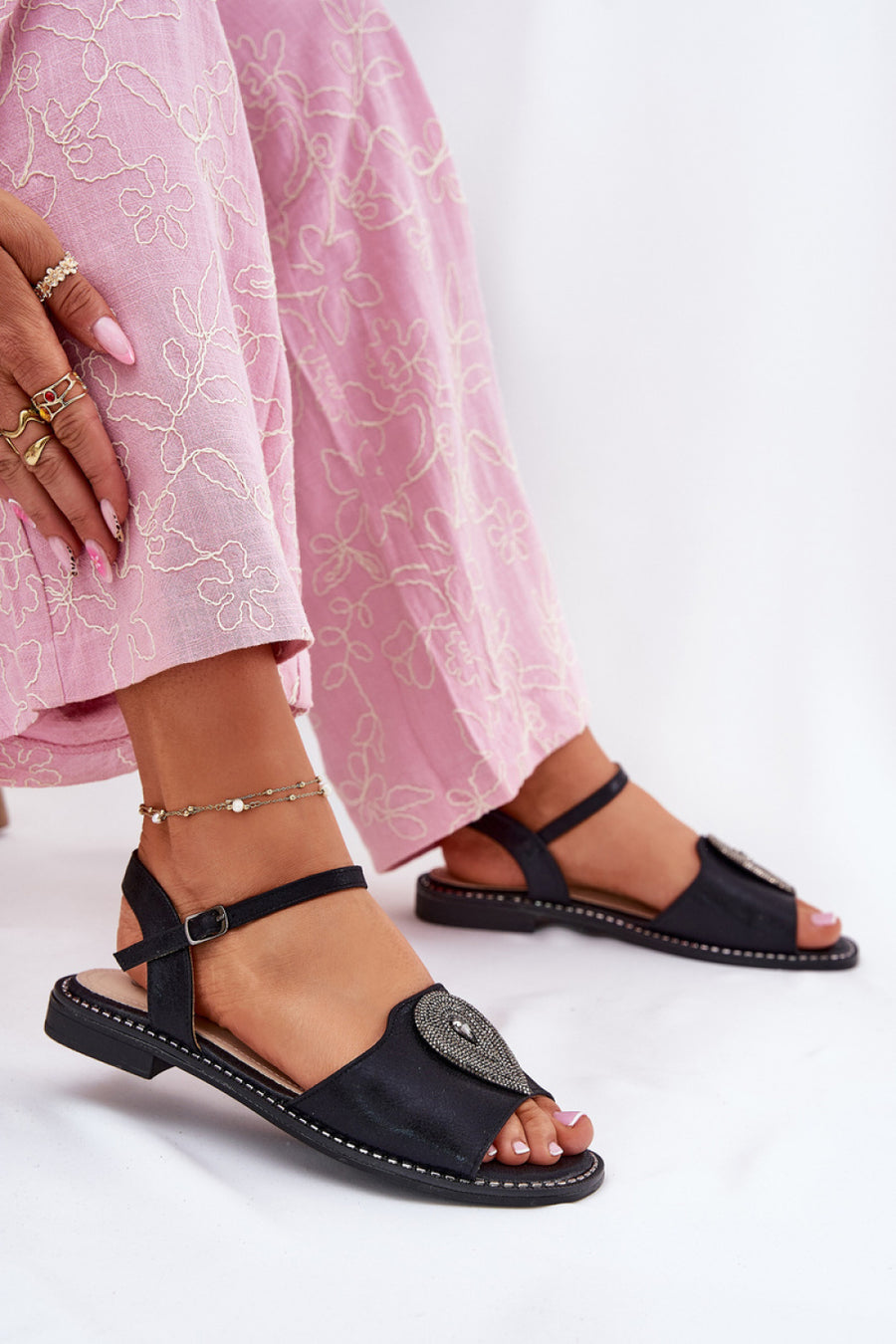 Step In Style Black Faux Leather Flat Sandals with Buckle and Adjustable Straps