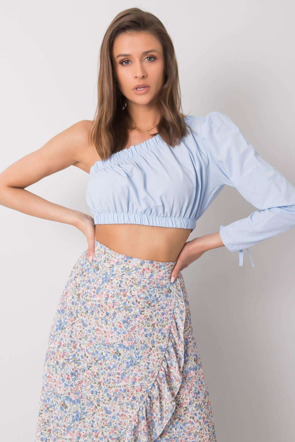 Rue Paris Light Blue High Waisted Long Sleeve Blouse