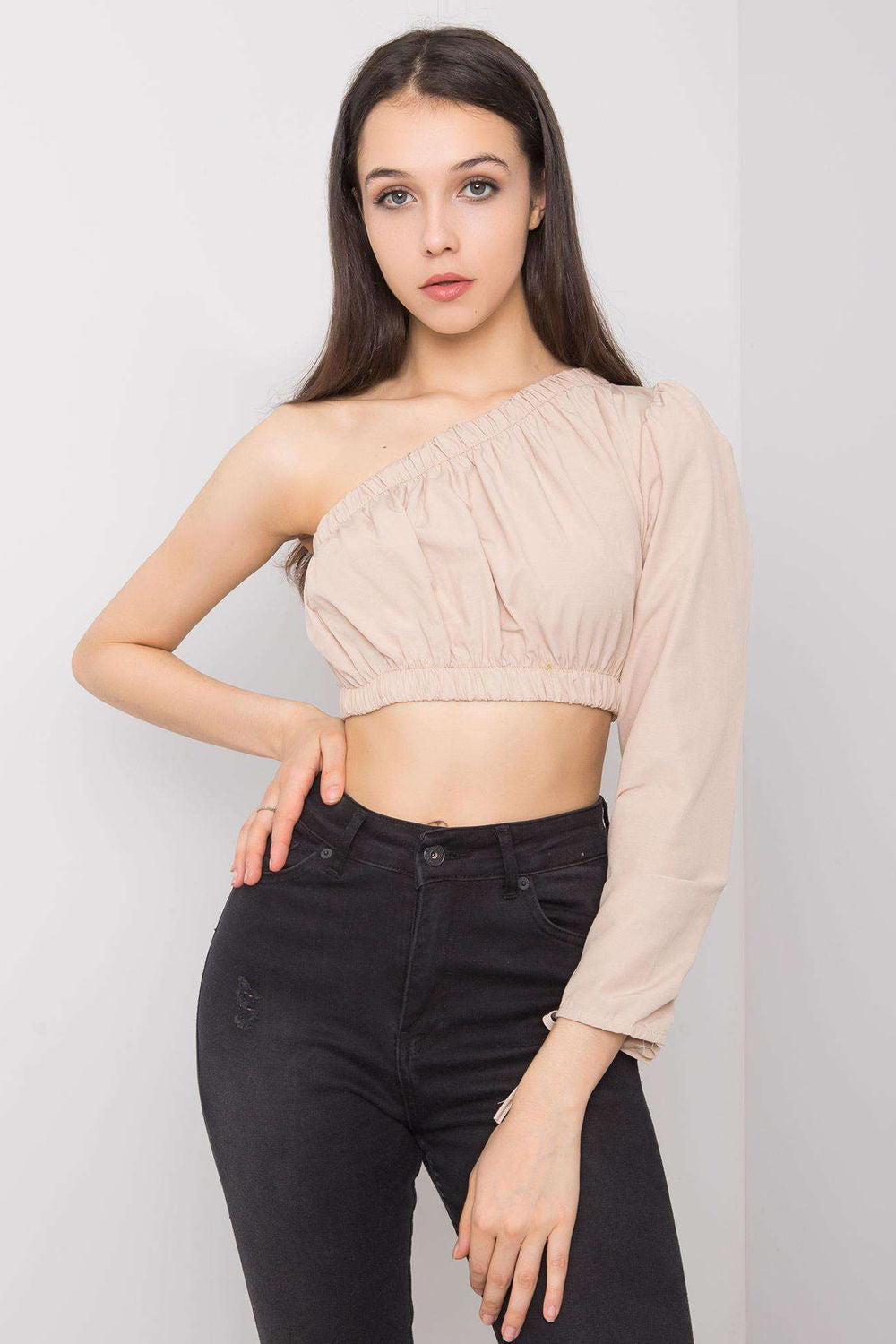 Rue Paris Beige High Waisted Long Sleeve Blouse