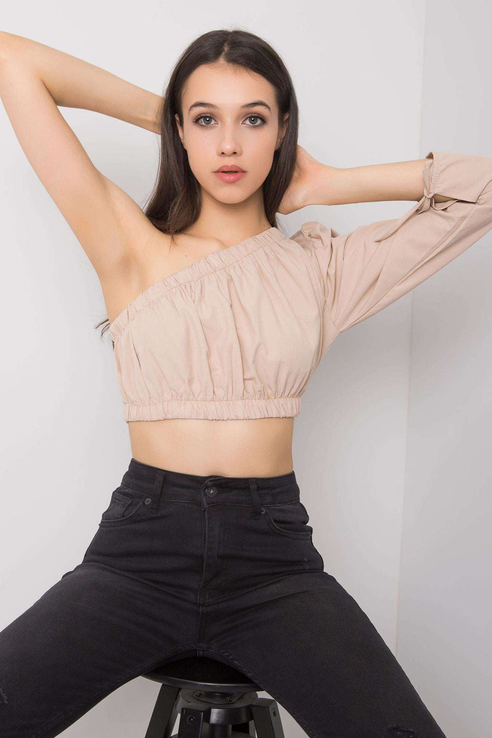 Rue Paris Beige High Waisted Long Sleeve Blouse - view 2