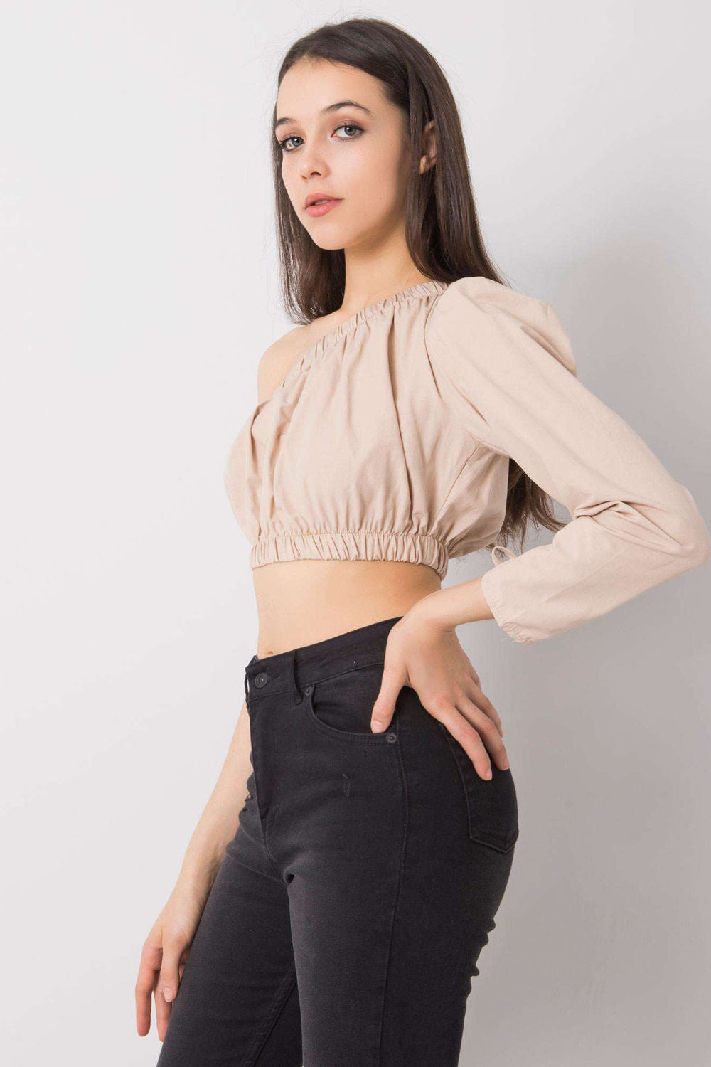 Rue Paris Beige High Waisted Long Sleeve Blouse - view 3