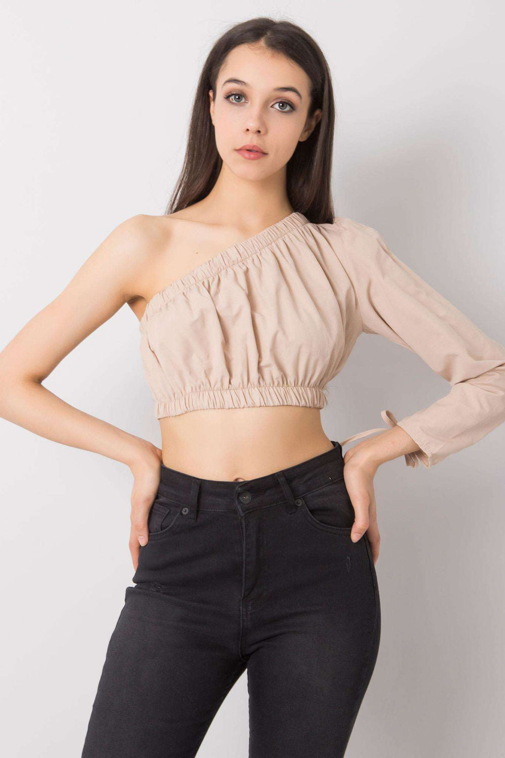 Rue Paris Beige High Waisted Long Sleeve Blouse - view 4