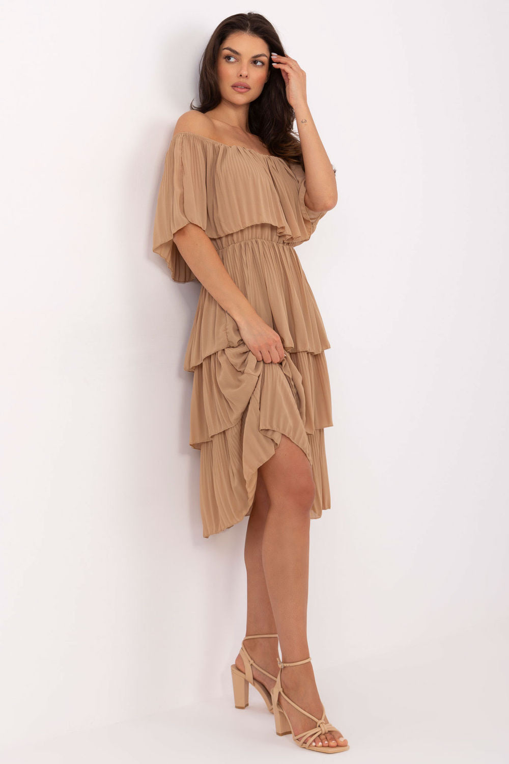 Och Bella Camel Flared Off Shoulder Cocktail Dress - view 2