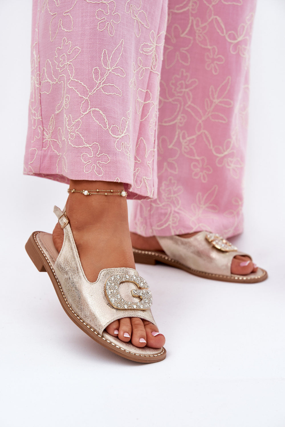 Step In Style Gold Faux Leather Flat Sandals with Buckle and Adjustable Straps