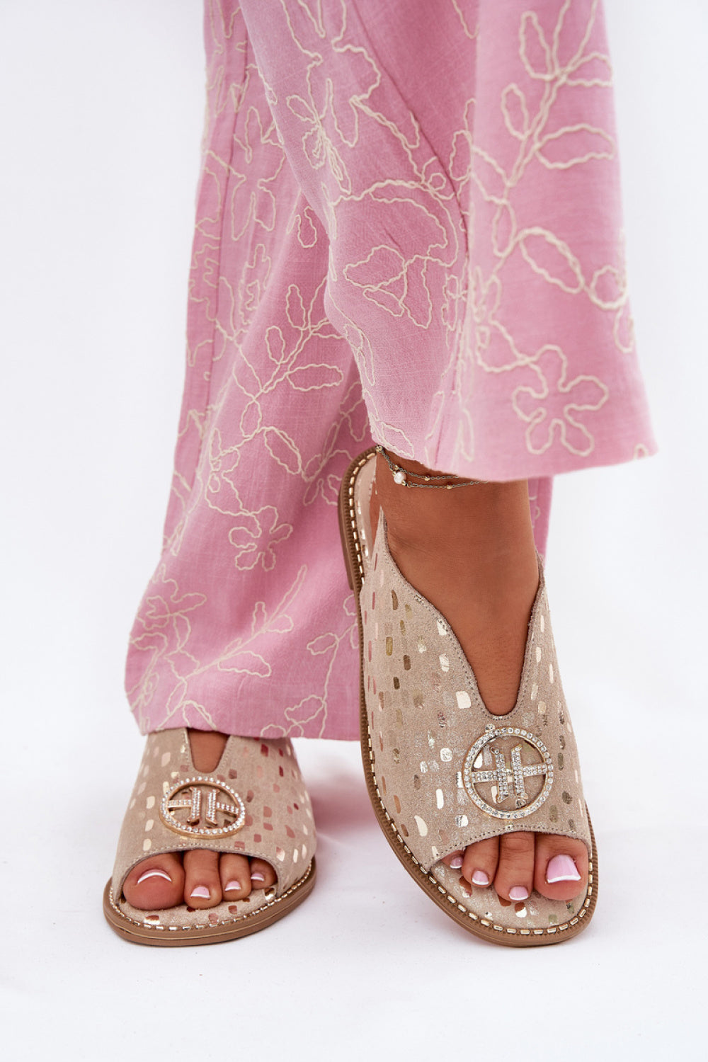 Step In Style Gold Suede Flat Sandals with Buckle