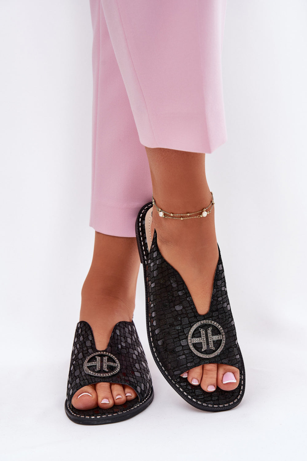 Step In Style Black Suede Flat Sandals with Buckle - view 3
