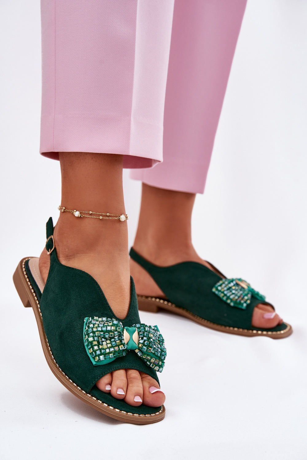 Step In Style Green Faux Suede Flat Sandals