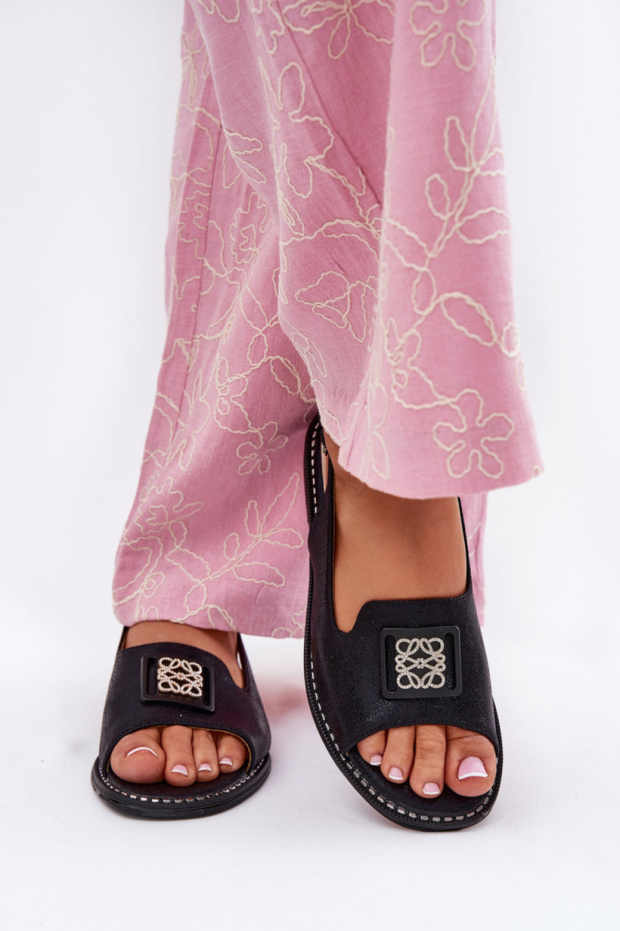 Step In Style Black Faux Leather Flat Sandals
