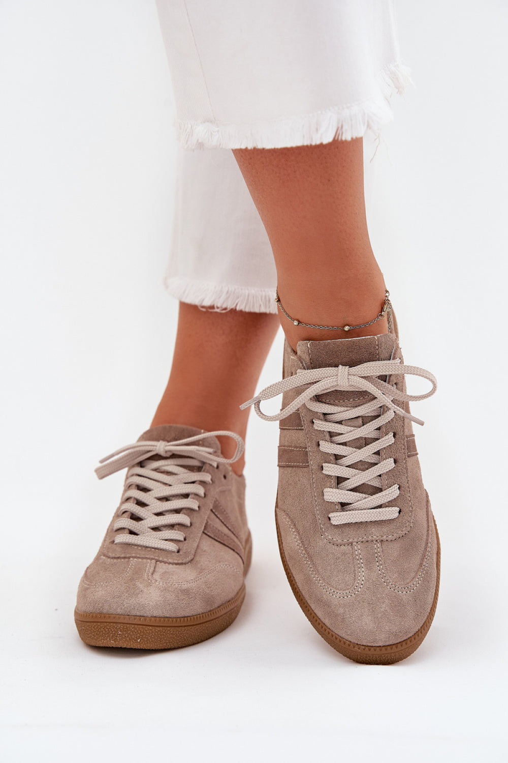 Step In Style Dark Beige Suede Lace Up Trainers