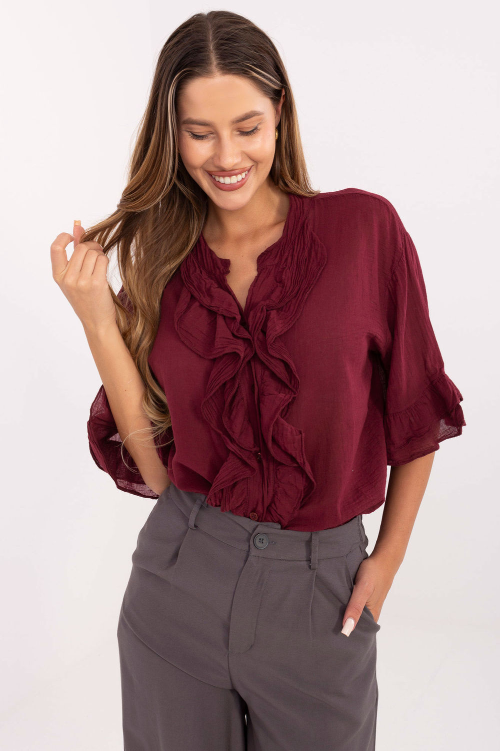 Italy Moda Burgundy V-Neck Cotton Shirt