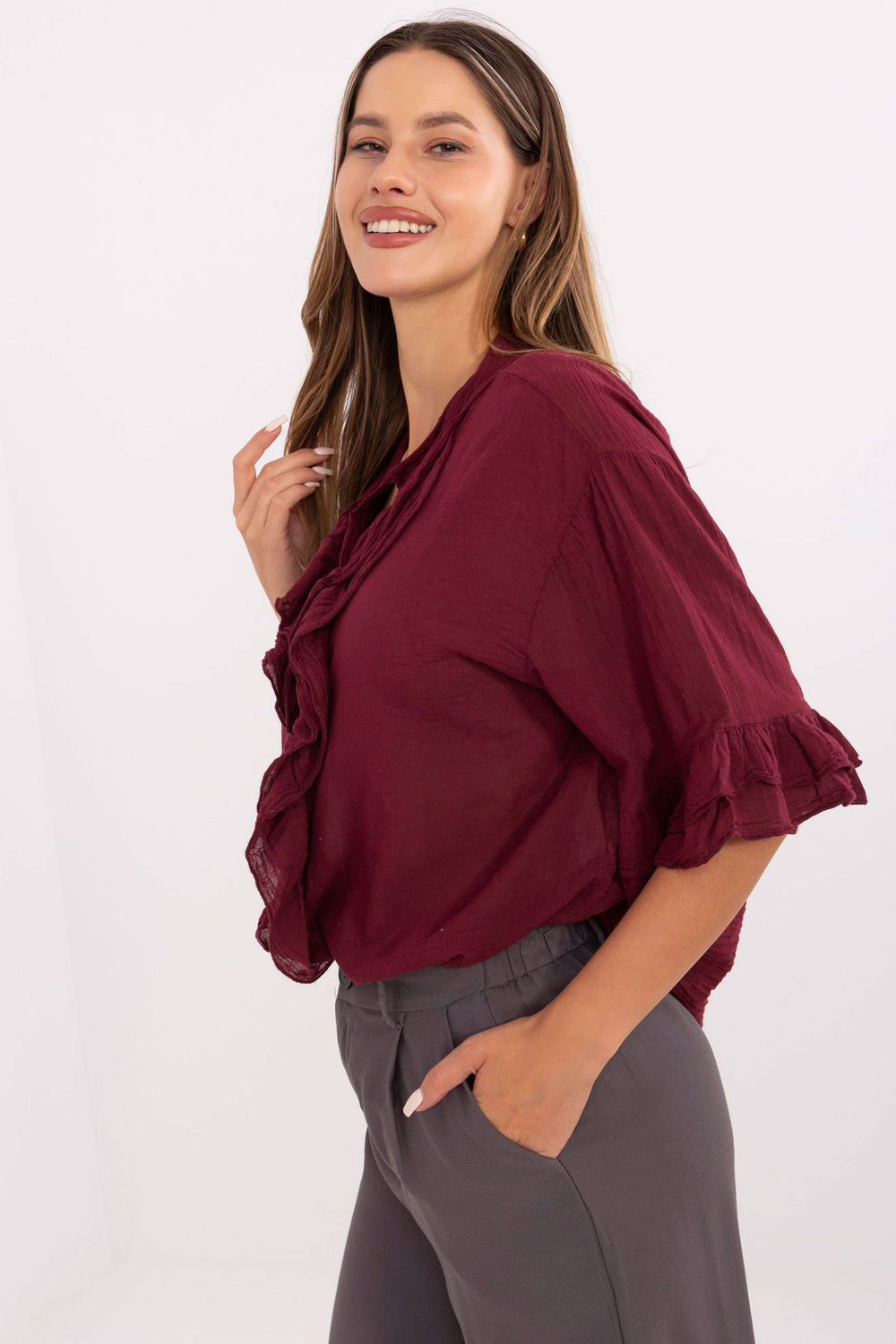 Italy Moda Burgundy V-Neck Cotton Shirt - view 2