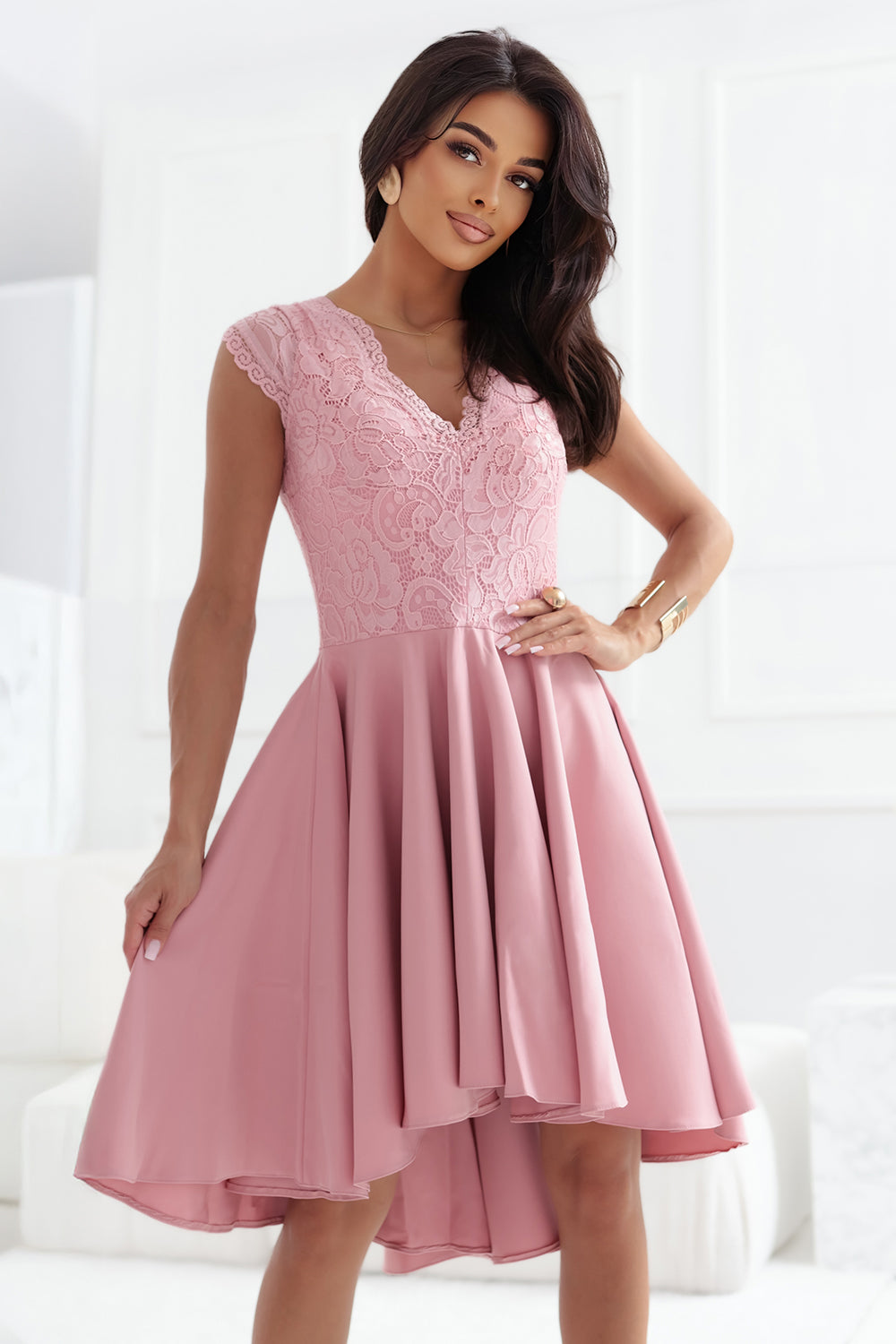 Numoco Patricia Pink Lace Flared Evening Dress