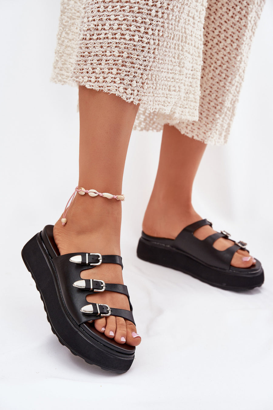 Step In Style Nimiotte Black Faux Leather Platform Flip Flops