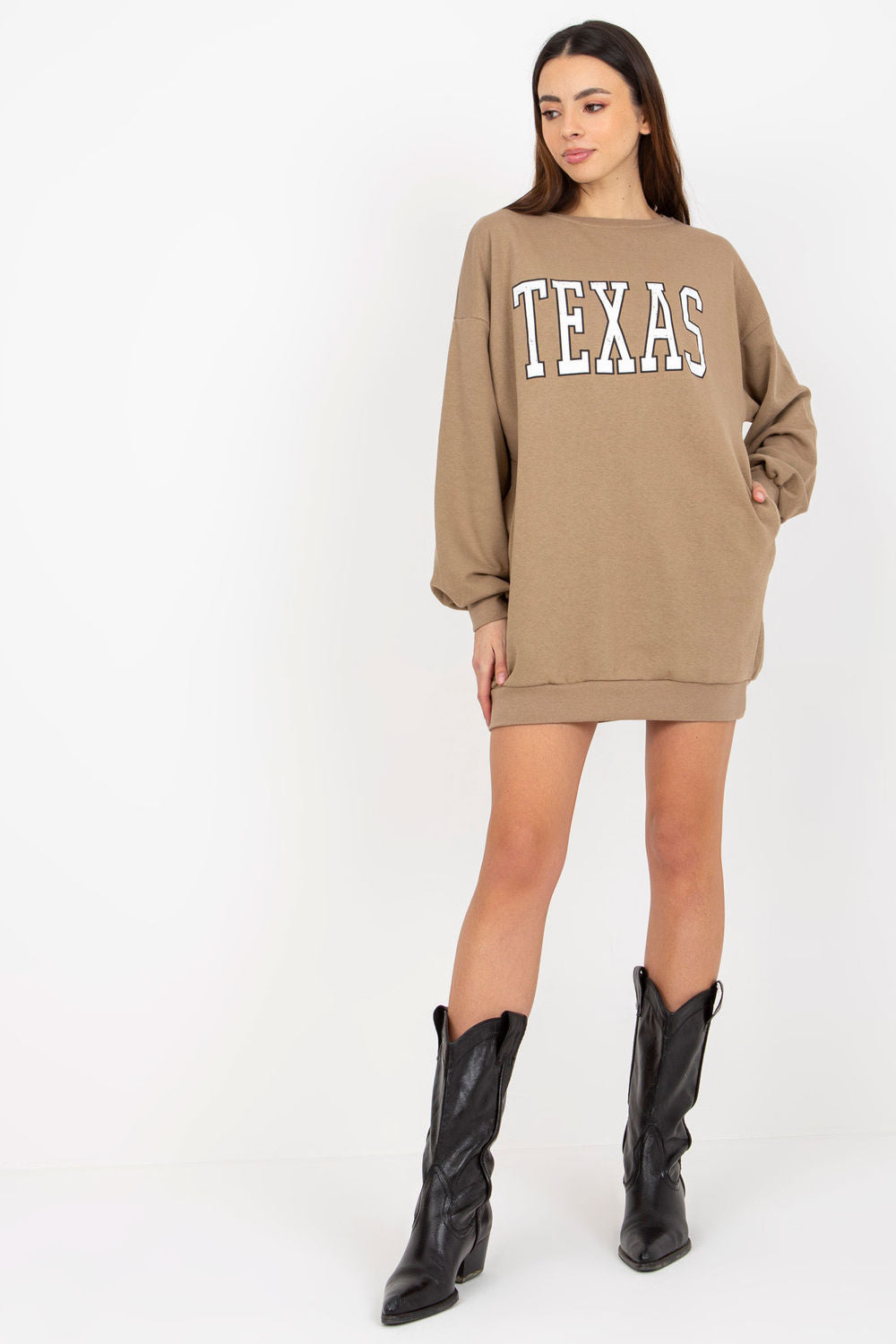 Ex Moda Dark Beige Round Neck Long Sleeve Cotton Sweatshirt