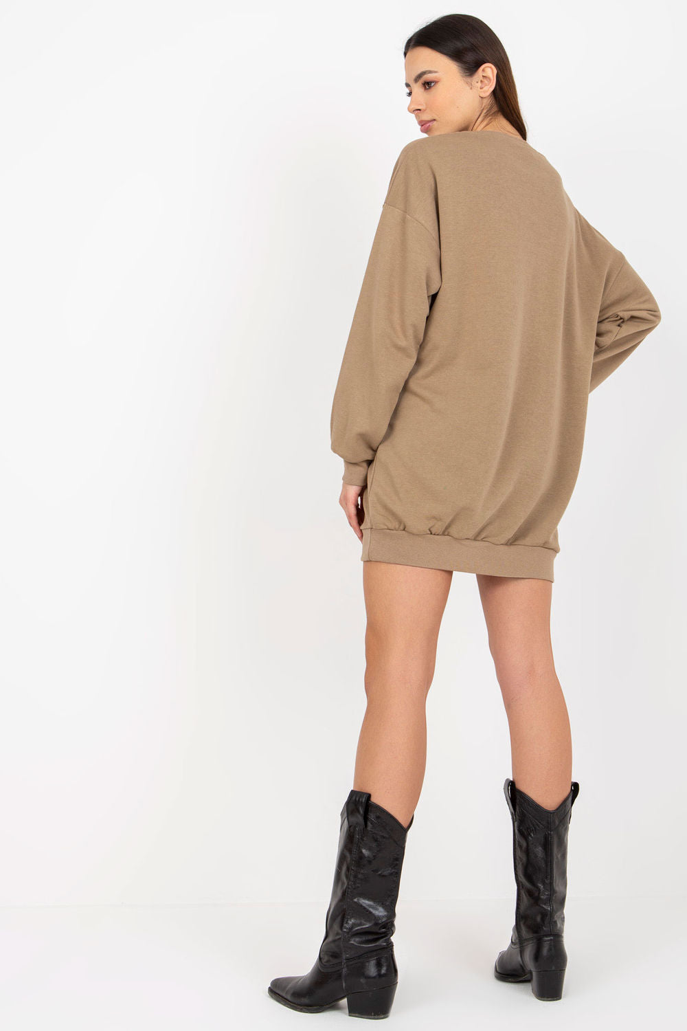 Ex Moda Dark Beige Round Neck Long Sleeve Cotton Sweatshirt - view 3