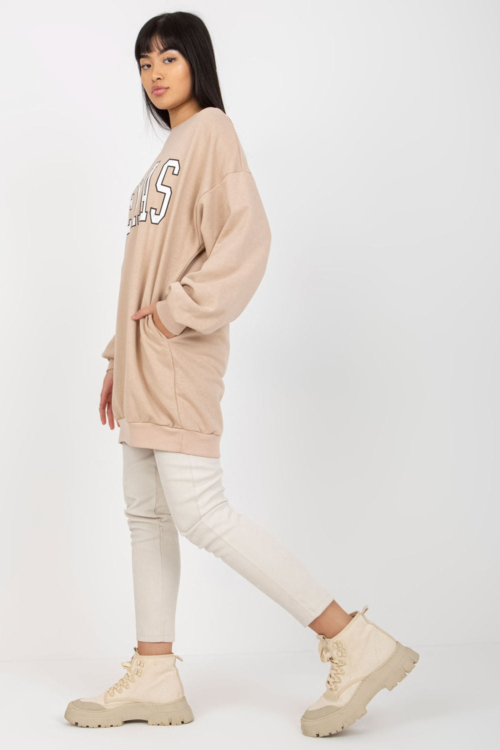 Ex Moda Beige Ribbed Long Sleeve Cotton Sweatshirt - view 3