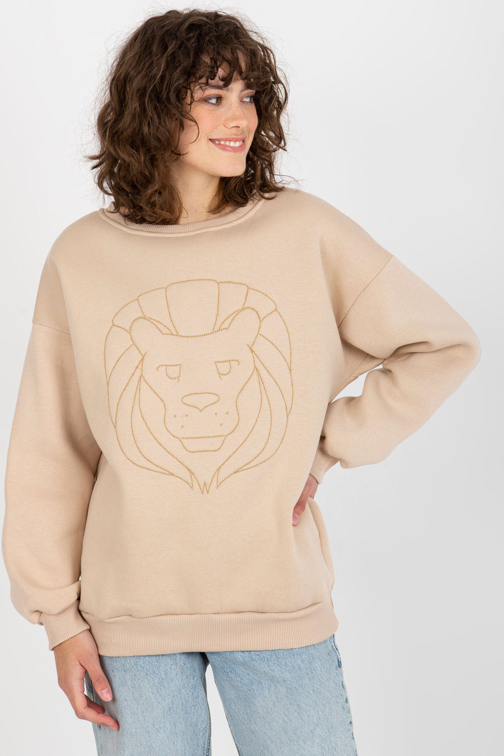 Ex Moda Beige Round Neck Long Sleeve Cotton Sweatshirt
