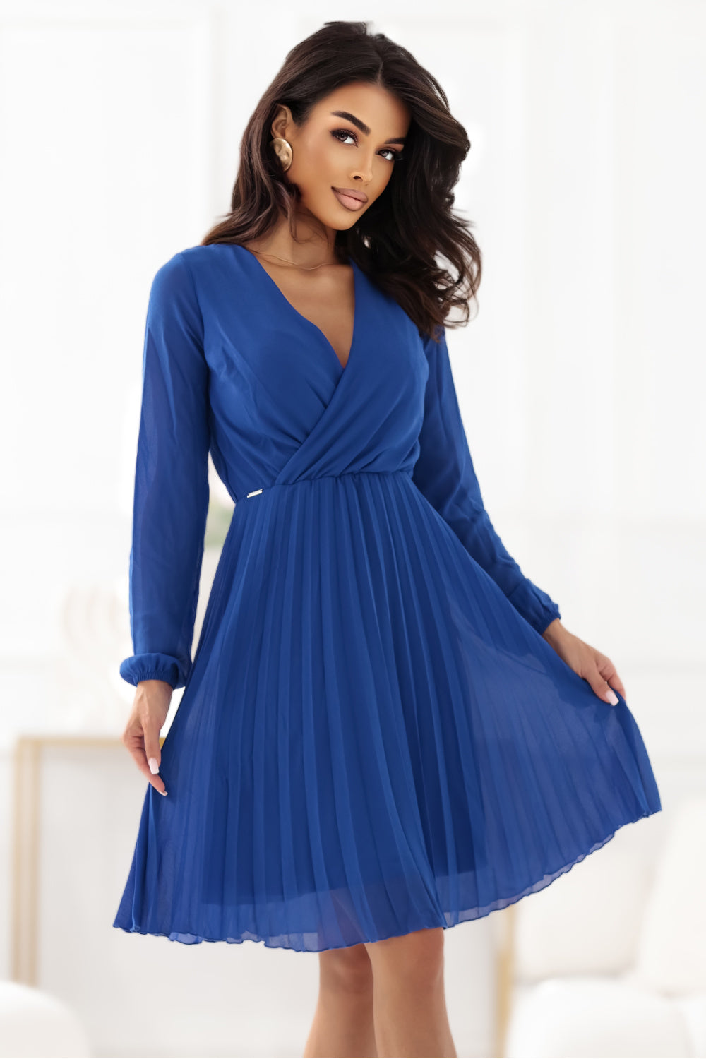 Numoco Isabelle Cornflower Blue Wrap Long Sleeve Cocktail Dress
