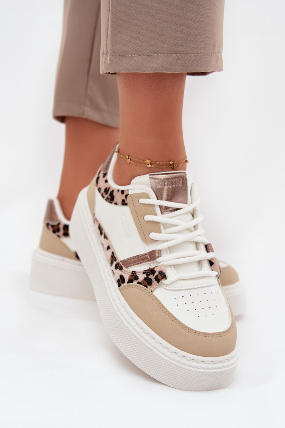 Step In Style Beige Faux Leather Platform Trainers
