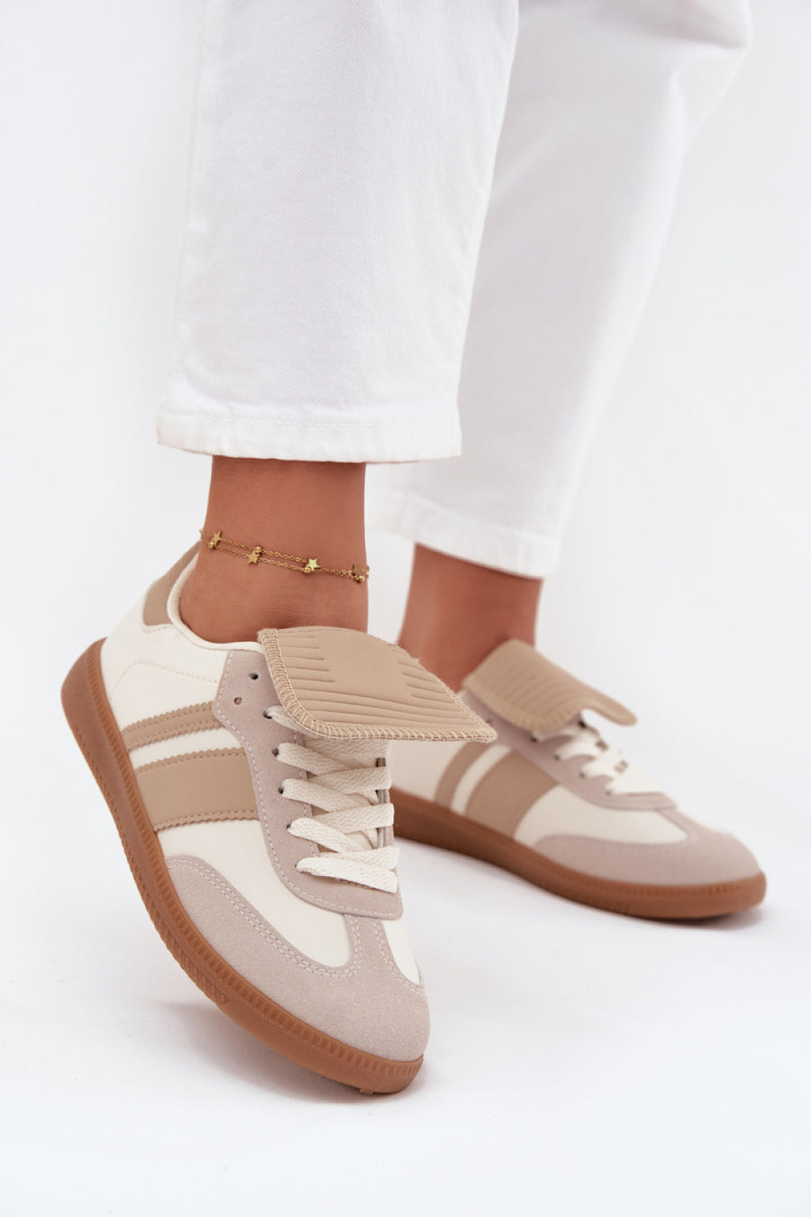 Step In Style Beige Faux Leather Lace Up Trainers