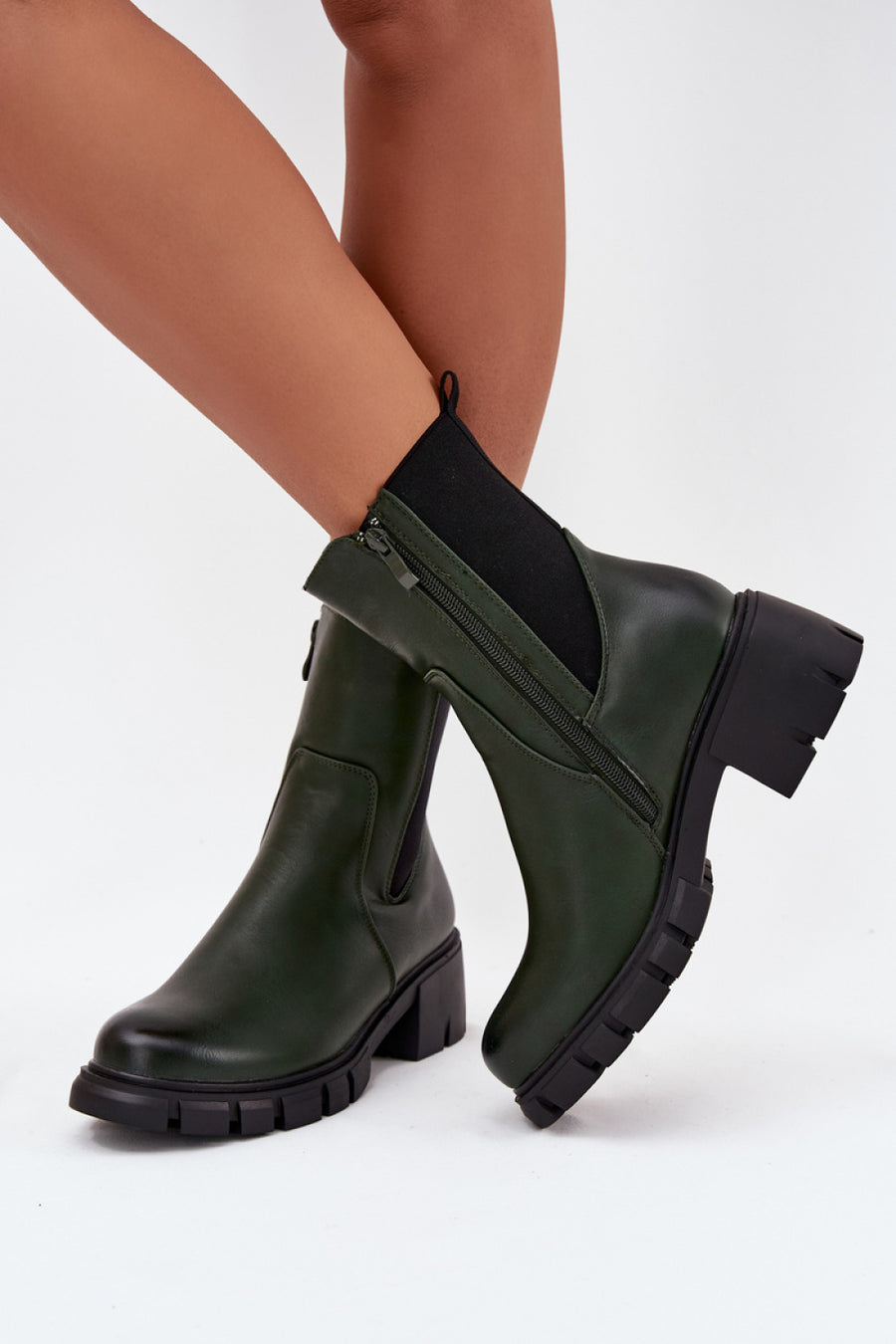 Step In Style Kyra Green Faux Leather Block Heel Boots
