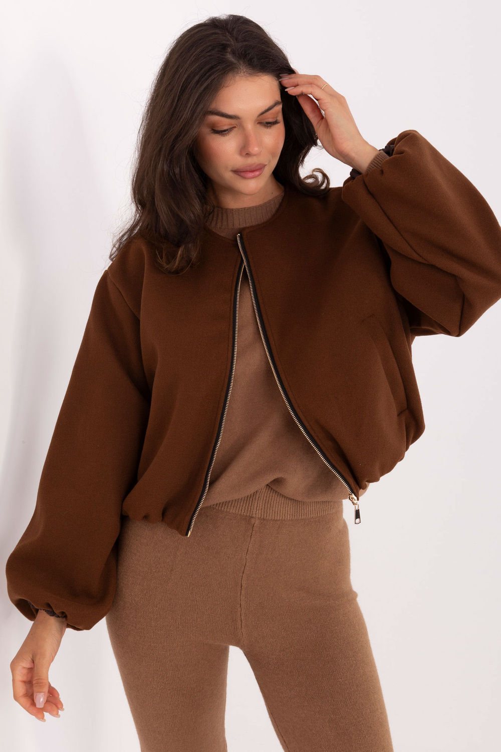Rue Paris Brown Hooded Zip Up Jacket