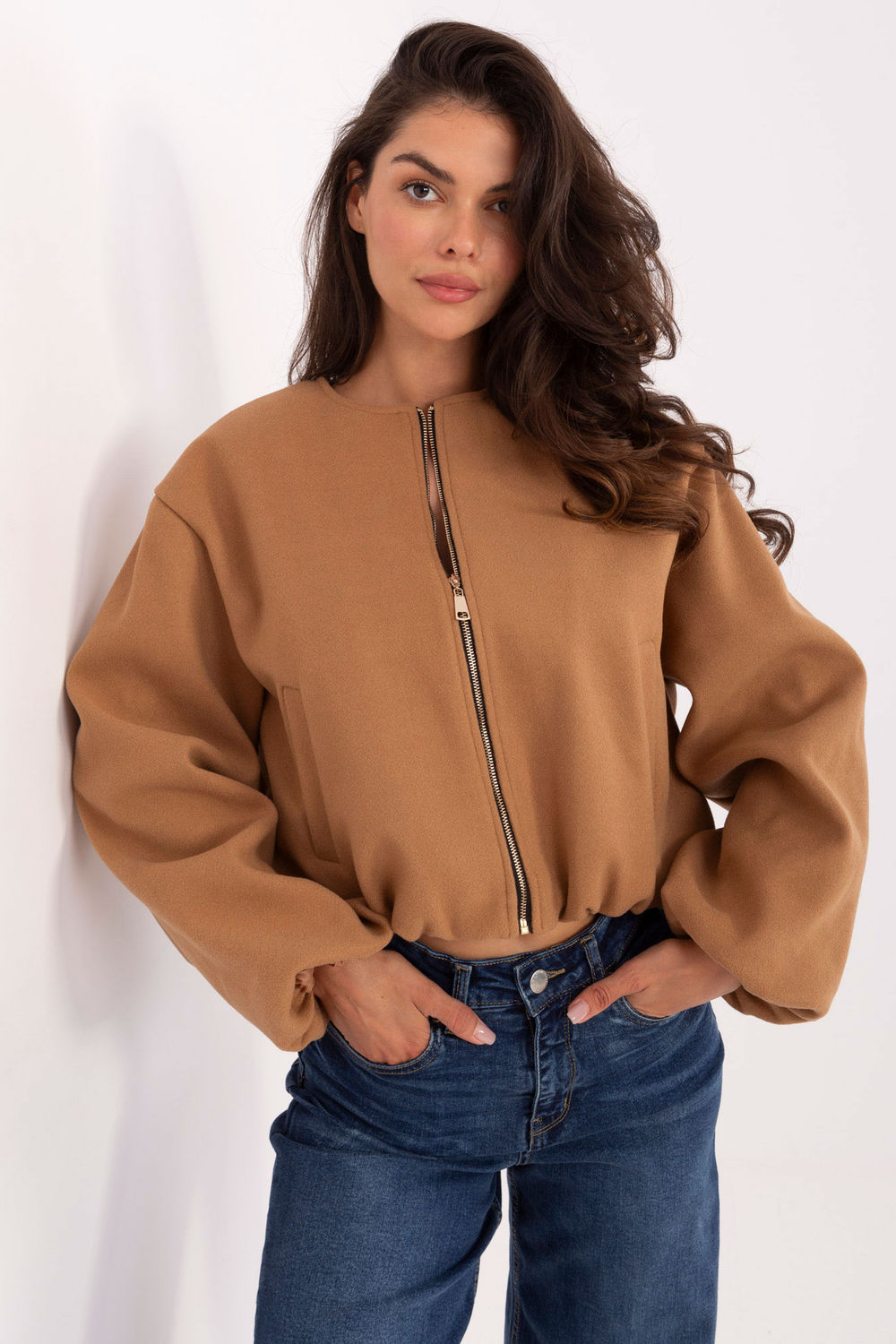 Rue Paris Camel Hooded Zip Up Jacket