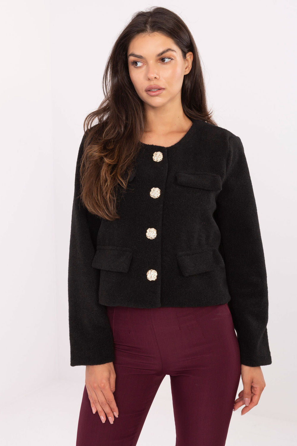 Rue Paris Black Polyester Long Sleeve Jacket