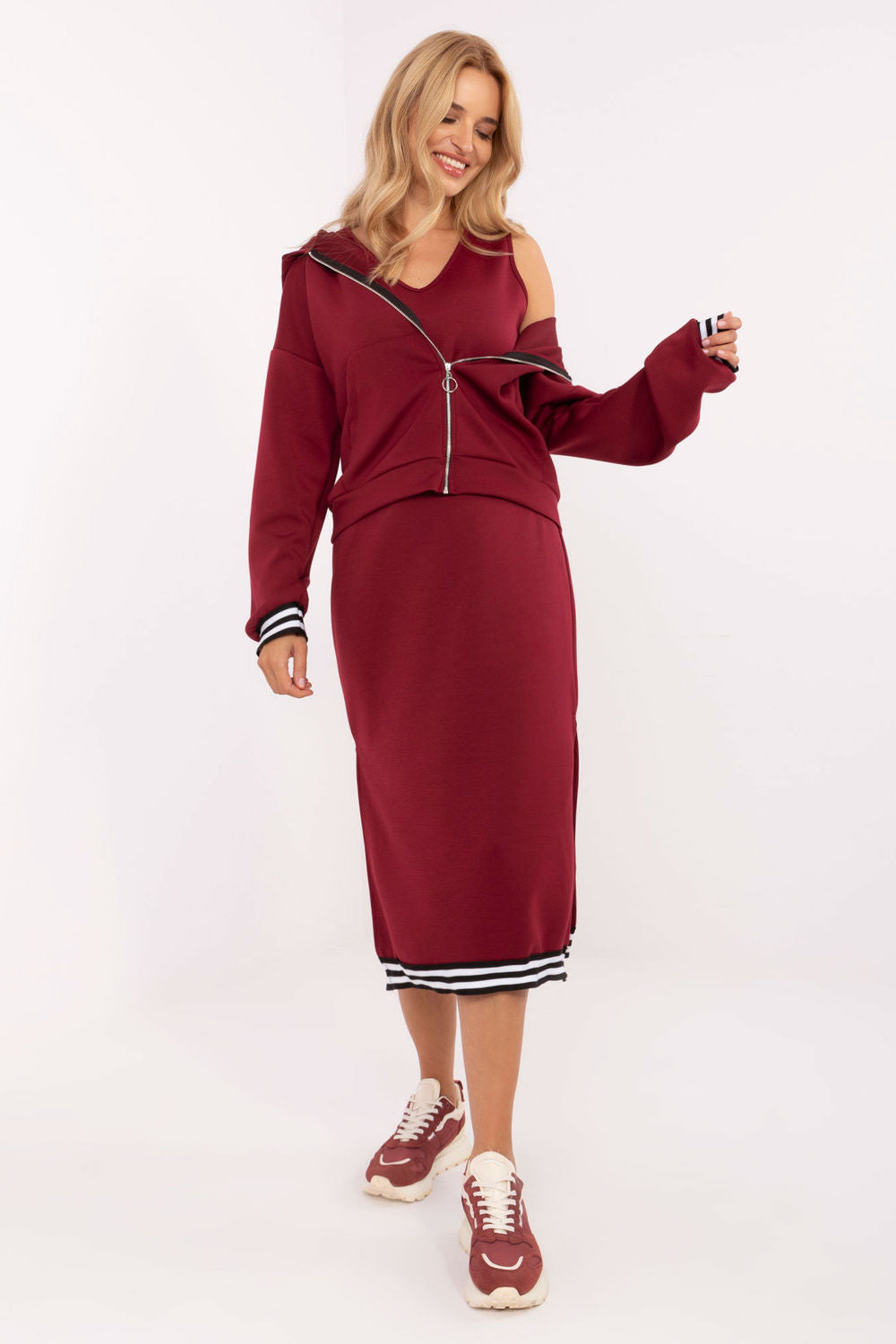 Rue Paris Burgundy Midi Long Sleeve Dress Co-Ord Set