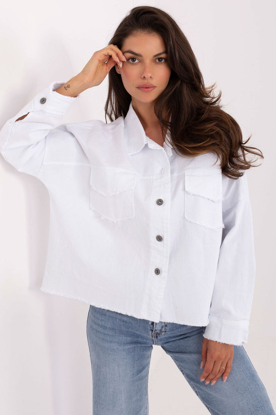 Rue Paris White Denim Cotton Long Sleeve Top