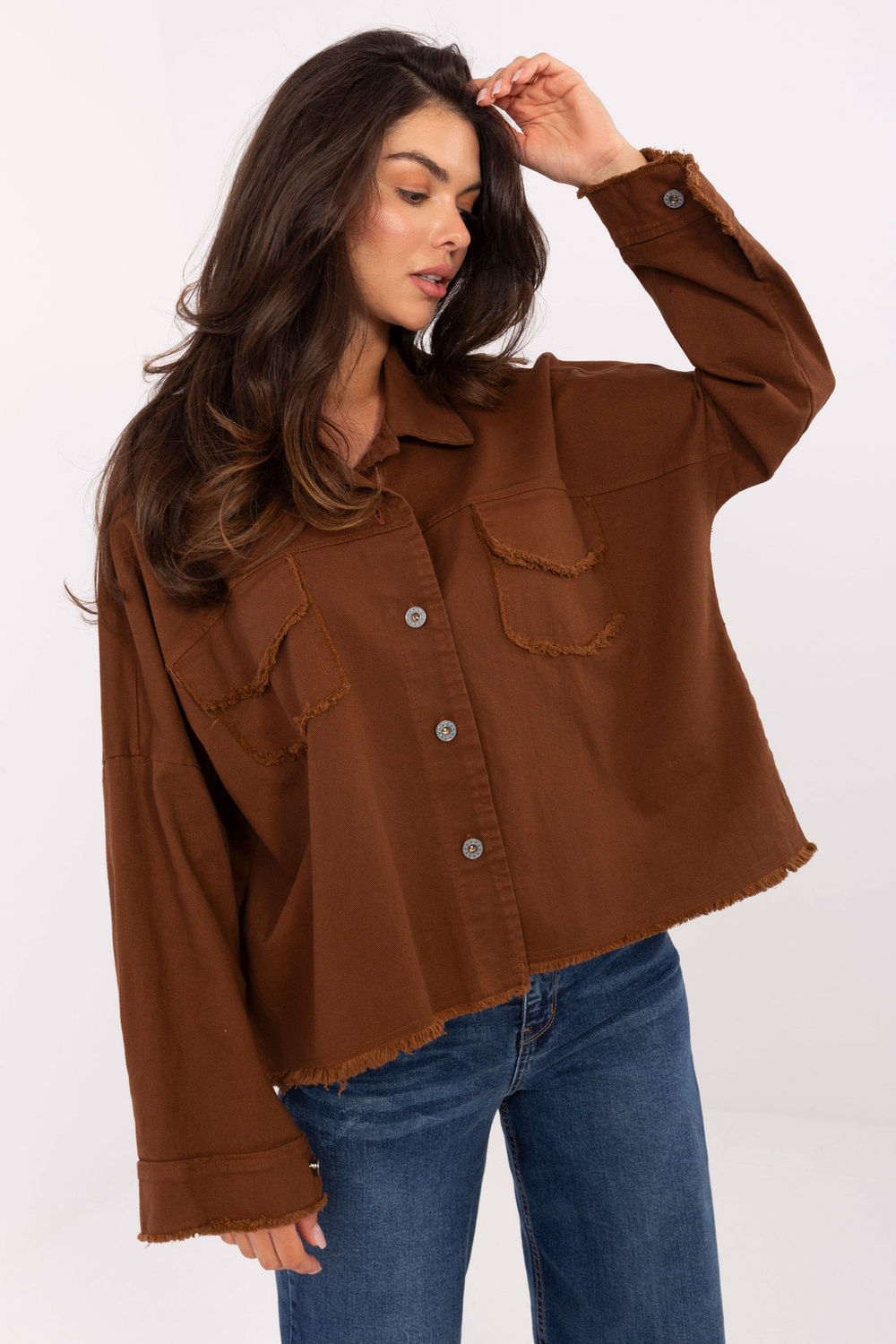 Rue Paris Brown Denim Cotton Long Sleeve Top