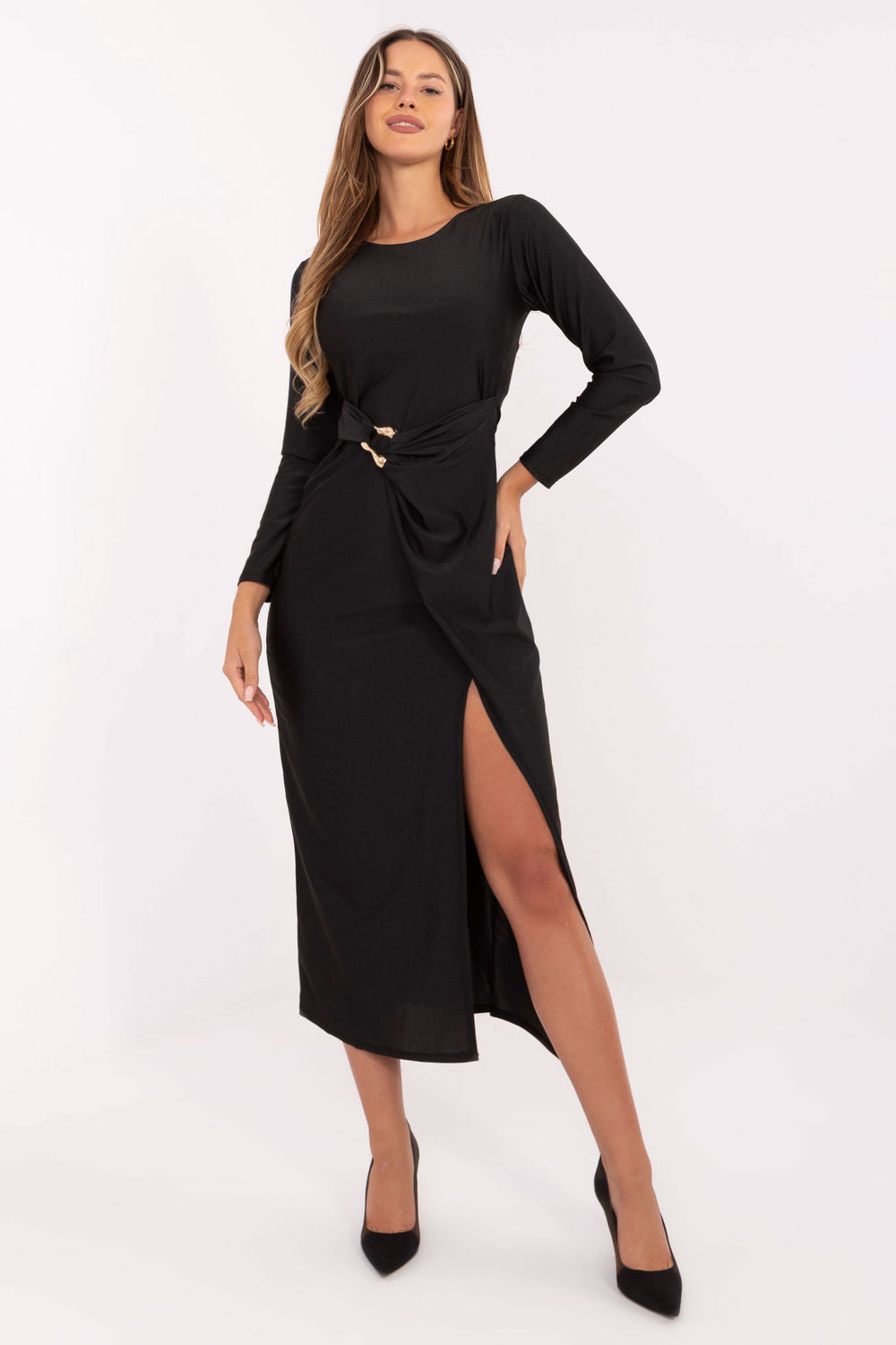 Italy Moda Black Midi Wrap Long Sleeve Evening Dress