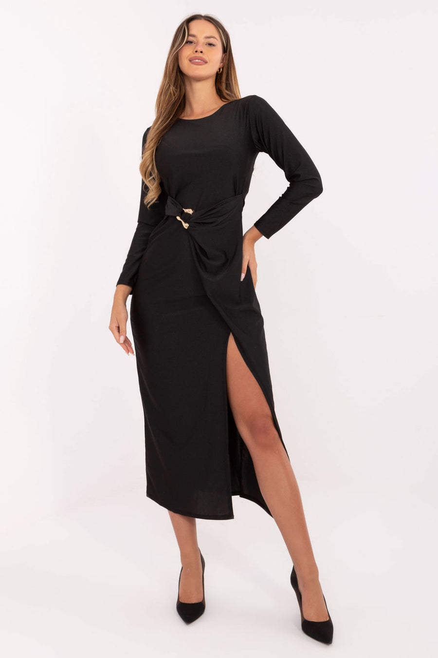 Italy Moda Black Midi Wrap Long Sleeve Evening Dress