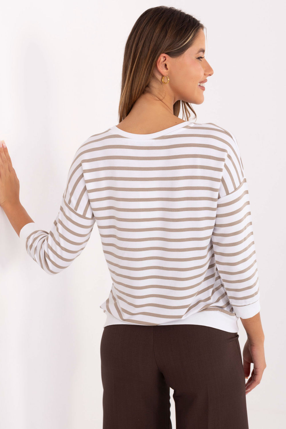 Relevance Beige Round Neck Striped Long Sleeve Blouse - view 3
