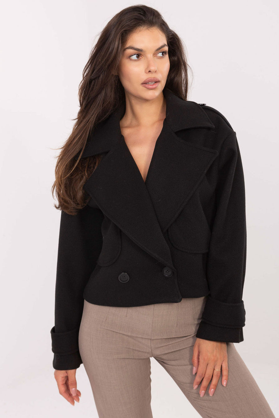 Rue Paris Black Polyester Long Sleeve Coat