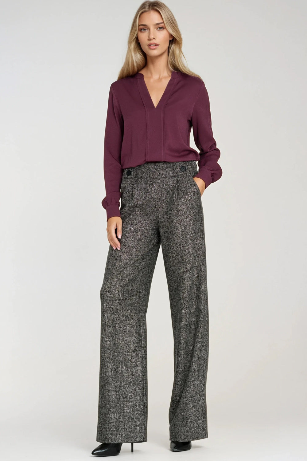 Nife Plum Pleated V-Neck Blouse - view 2